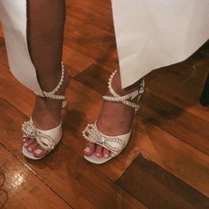 Gianni Bini Bridal Collectjon HaydnTwo Satin Pearl Bow Ankle Strap Dress Sandals